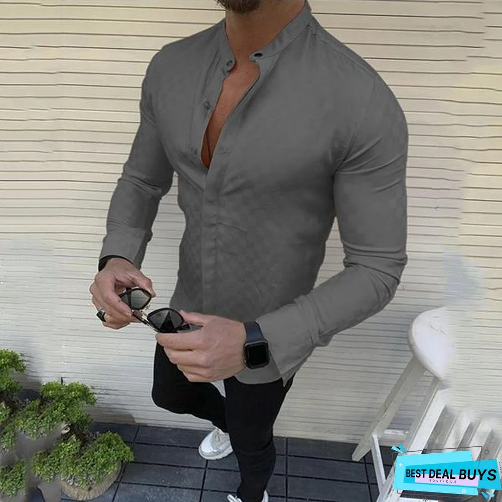 Leisure Solid Color Check Men's Long Sleeve Shirt