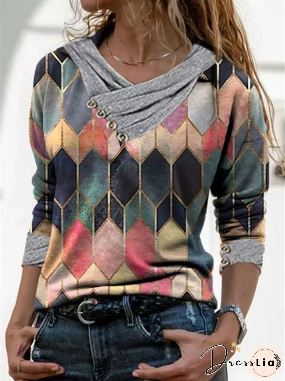 Women Casual Geometric Color Block V-Neck Long Sleeve Top