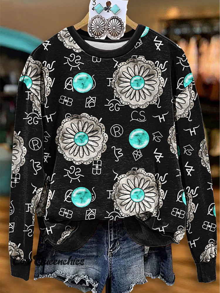 Vintage Western Turquoise Symbols Print Casual Sweatshirt Multicolor / S