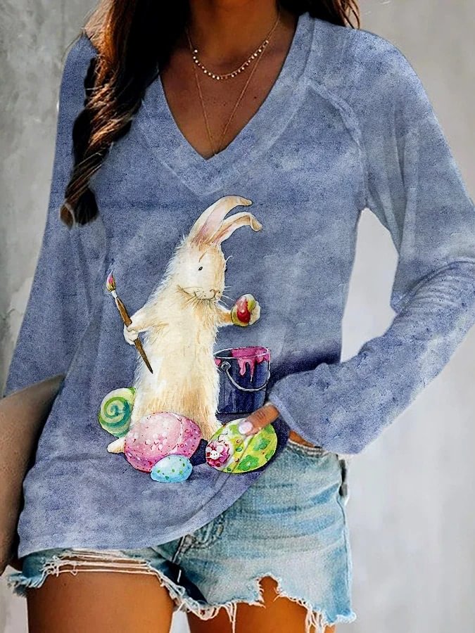 Women's Easter Bunny Egg Print V-Neck T-Shirt