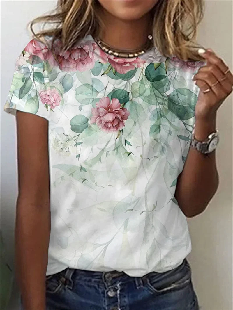 Women's Graphic Floral Printed Scoop Neck Short Sleeved Top