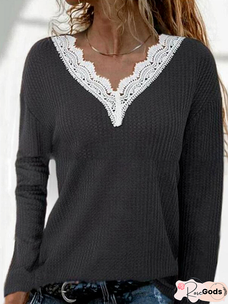 Lace Cotton-Blend V Neck Casual T-Shirt