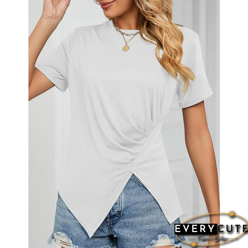 White Round Neck Pleated Split Top