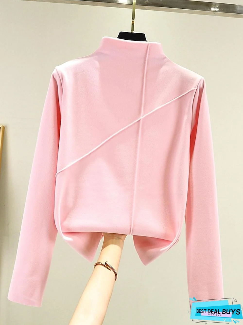 Women's T shirt Tee Light Pink dark brown A Plain Long Sleeve Daily Basic High Neck Regular Fleece lined XXL (recommended 140-160 catties)