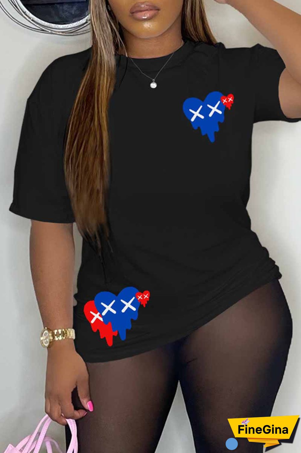 Black Casual Print Patchwork O Neck T-Shirts