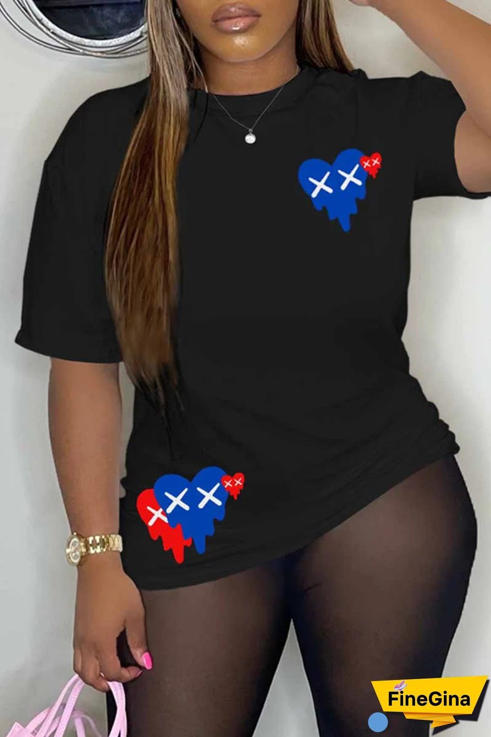 Black Casual Print Patchwork O Neck T-Shirts