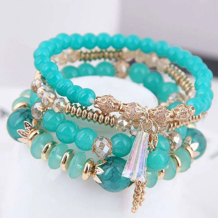 Ethnic Crystal Beads Bracelets Girls Gift Elastic Rope Tassel Wrap Bracelet