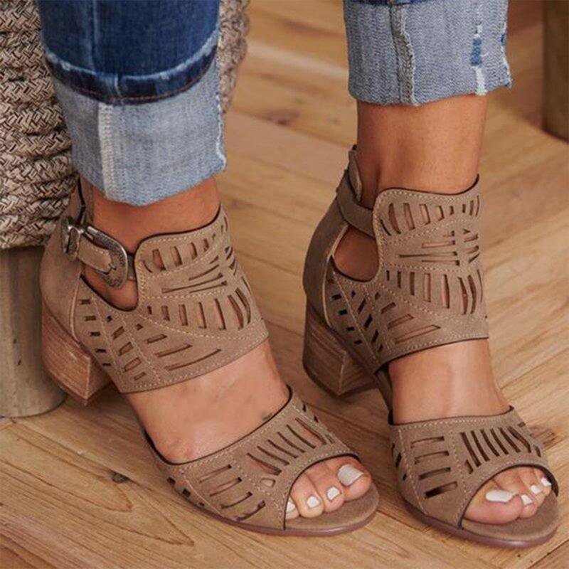 WDHKUN 2020 Women Sandals Women Vintage Hollow Out Peep Toe Square Heel Wedges Sandals High Heels Shoes Zapatos Mujer