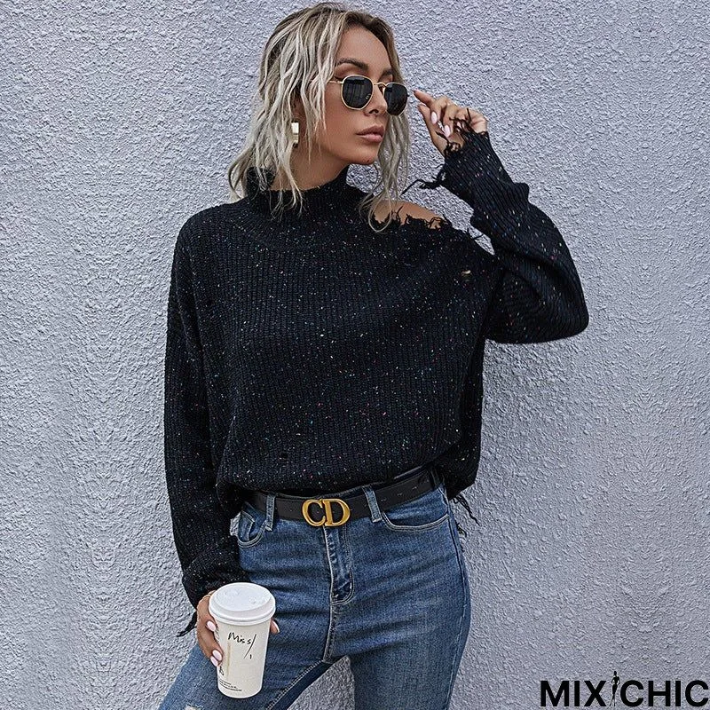Loose Off-The-Shoulder Hole Long Sleeve Turtleneck Solid Color Knitted Sweater Women