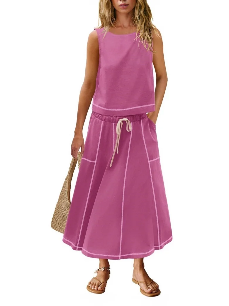 Athvotar Athvotar Hot 2025 New Summer Vacation Sleeveless Vest Half-Dress Cotton-Song Set Two-Piece Set