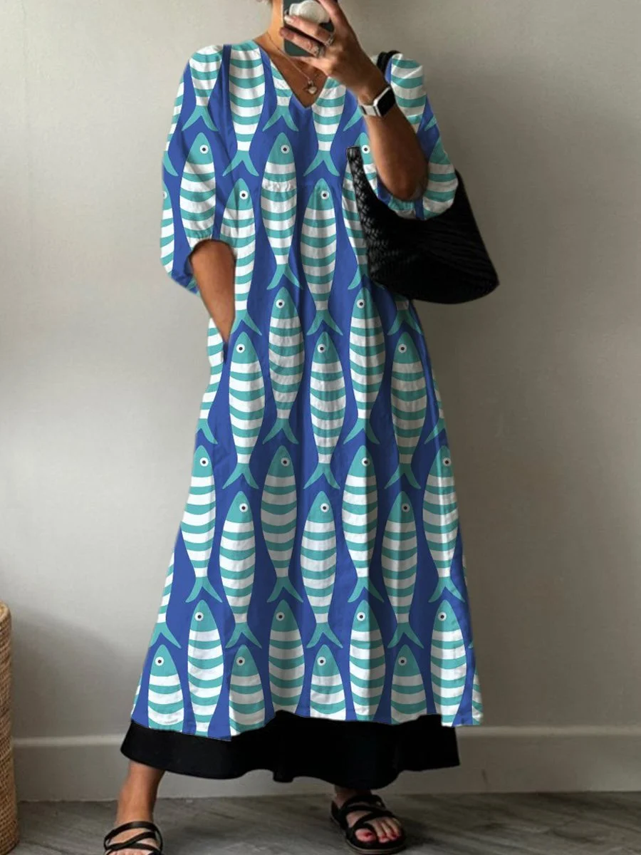 Sardine Fish Repeat Pattern Printed Women's Pocket V-Neck Cotton Dress