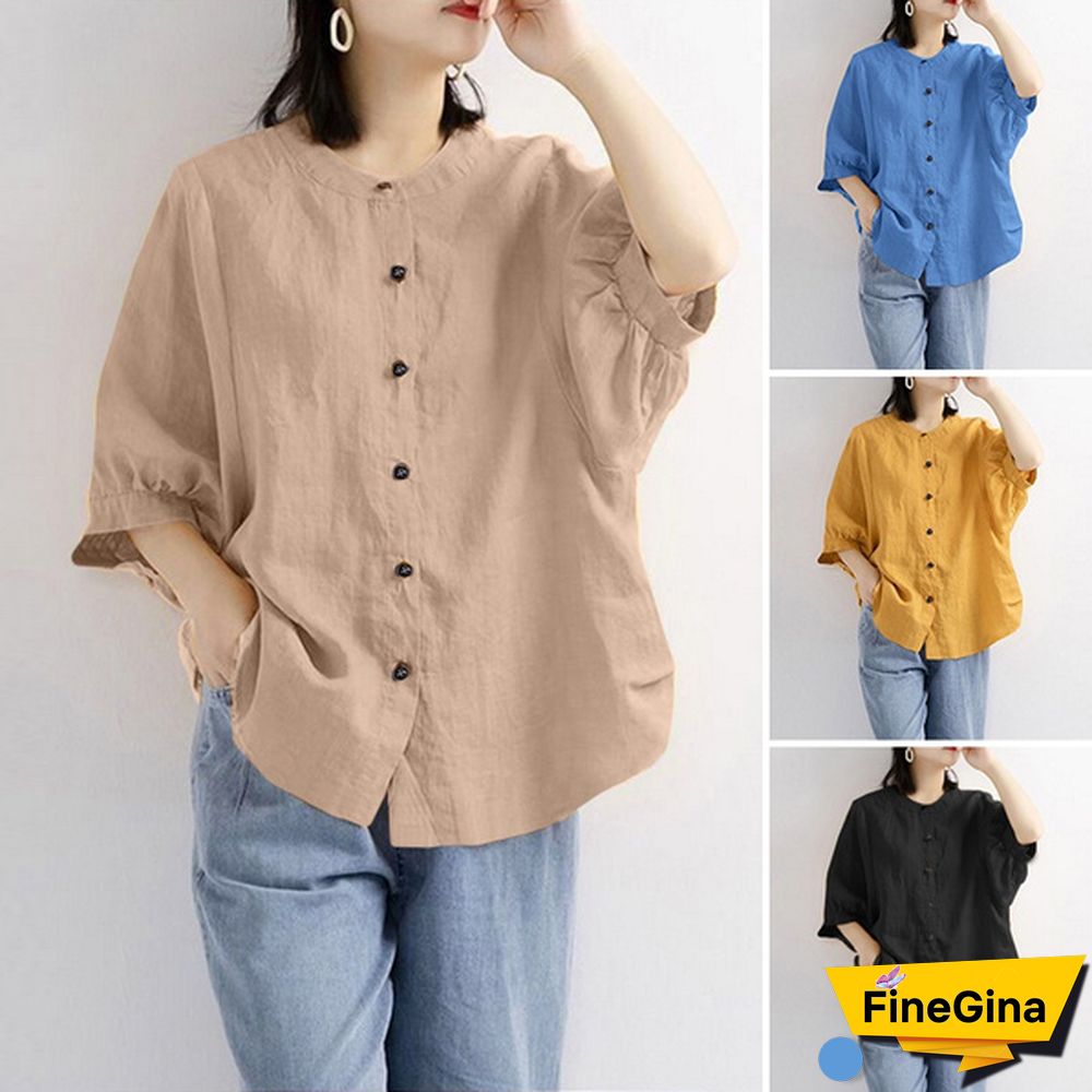 ZANZEA Cotton Tops Spring Autumn Shirt 3/4 Sleeve Single Breasted Button Shirt Blouse Vintage Clothes