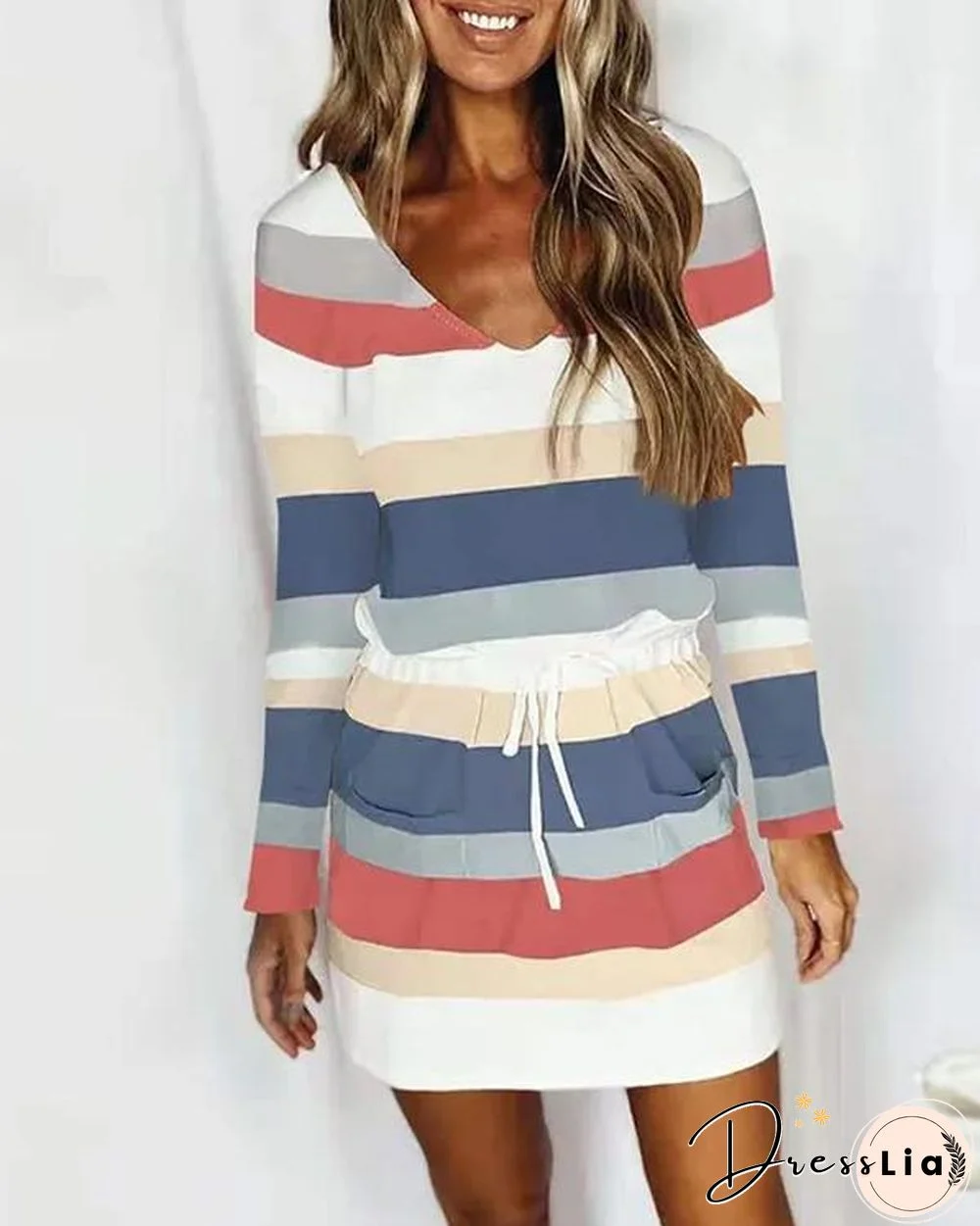 V Neck Drawstring Striped Dress