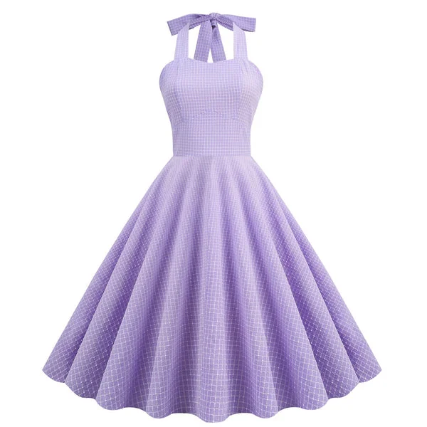 Women's Vintage Grid Herburn Style Halter Neck Dress