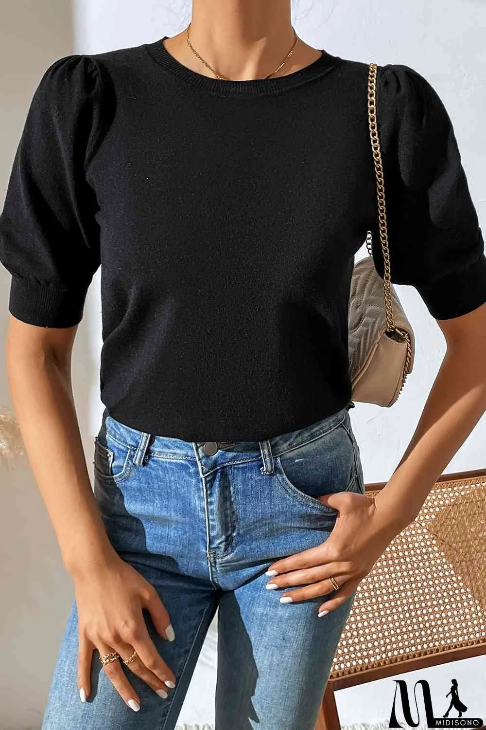 MidiSono - Round Neck Puff Sleeve Knit Top