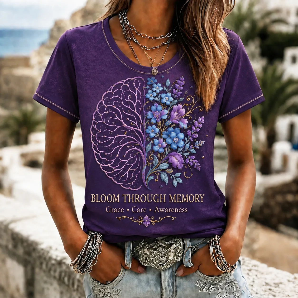 Comstylish Women's Alzheimer's Awareness Bloom Through Memory Floral Art Printed T-shirt