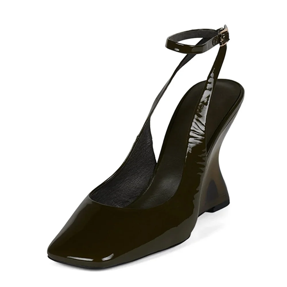 Olive Square Toe Wedge Heel Ankle Strap Slingback Pumps for Women
