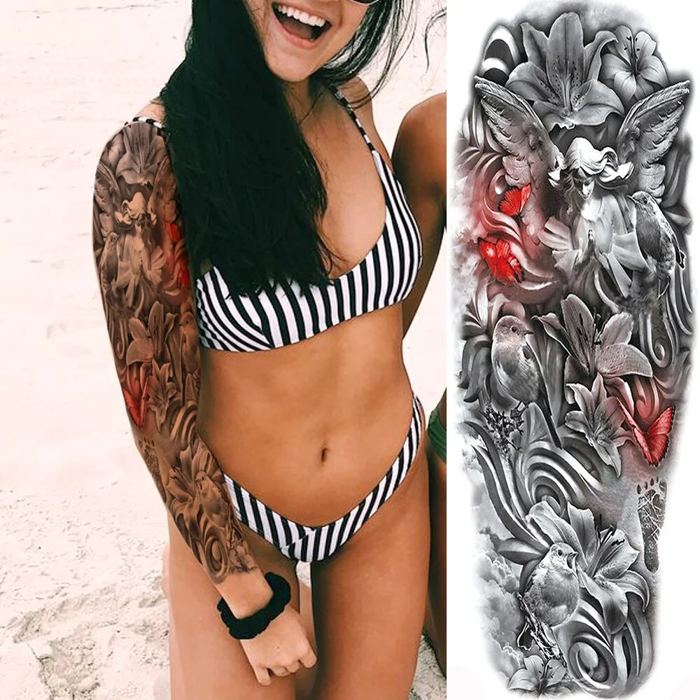 Sdrawing Totem Tattoo Arm Sleeve For Men Women Adult Realistic Fake Skeleton King Temporary Tattoo Evil Eye Demon Death Skull Tatoo