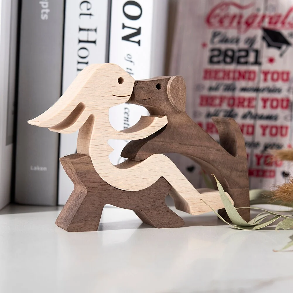 Wood Puppy Family Table Figurin Decor Ornaments Wooden Dog Craft Statue Home Decoration Cute Human and Pets Sculpture Craft Gift