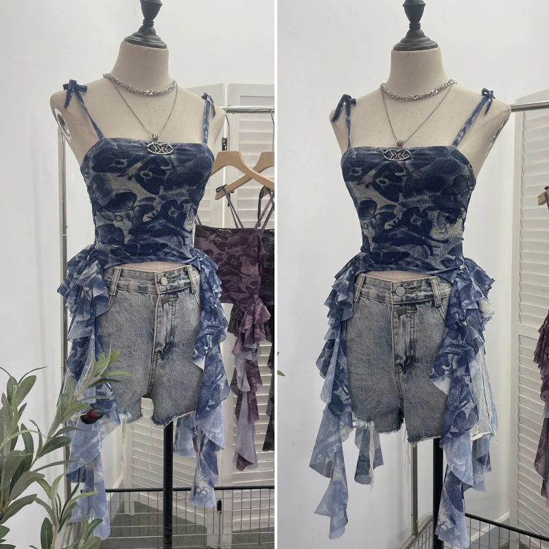 Uveng Real Shooting 2024 New Niche Babes Print Sling Vest Hem With Lotus Leaf Edge Sleeveless Top 6663