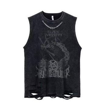 Vintage Round Neck Sleeveless Broken Holes T-Shirt