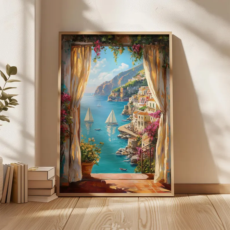 Mediterranean Coast Window Canvas Wall Art