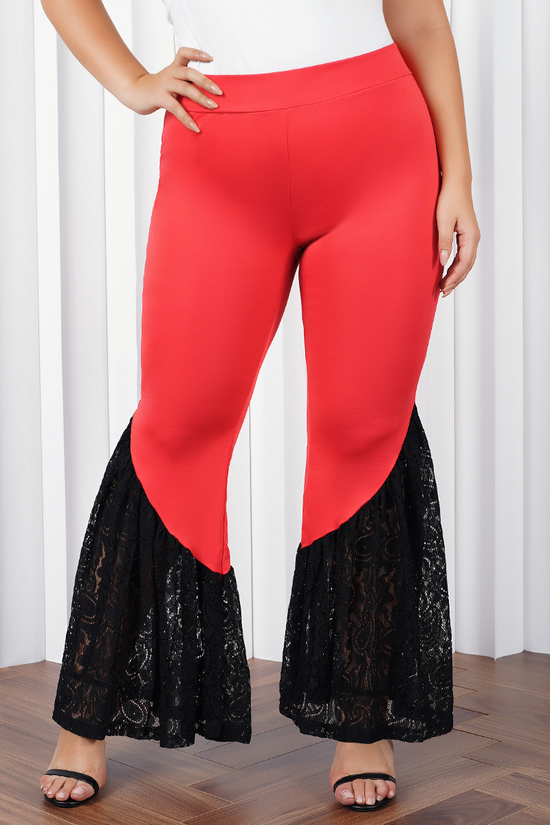 Flycurvy Plus Size Red Valentines Lace Stitching Color Block Flare Pants