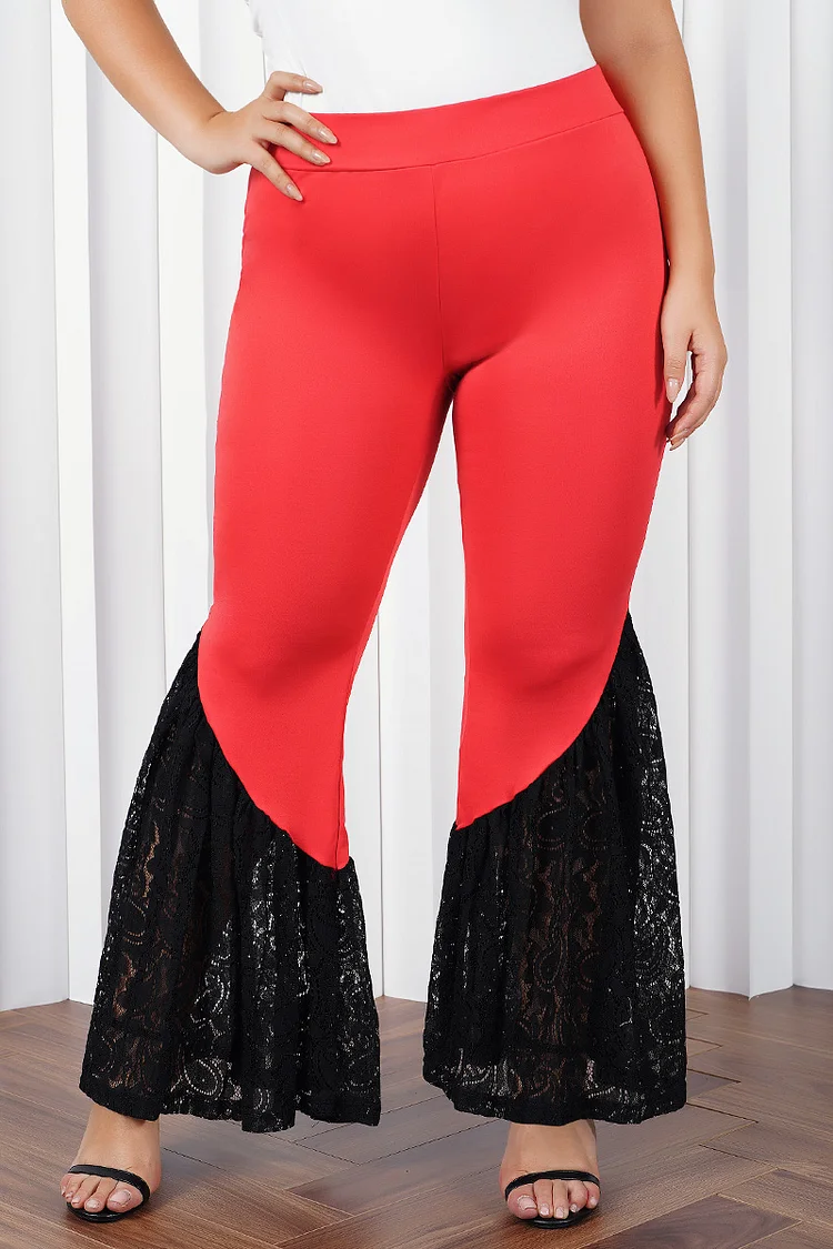 Flycurvy Plus Size Red Lace Stitching Color Block Flare Pants FlyCurvy Flycurvy [product_label]