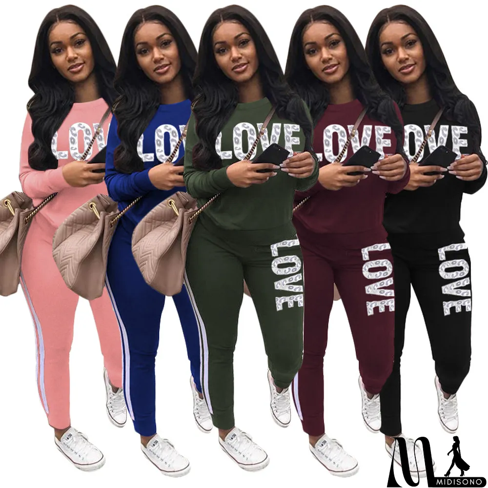 MidiSono - Plus Size Letter Print Long Sleeve 2 Piece Sets