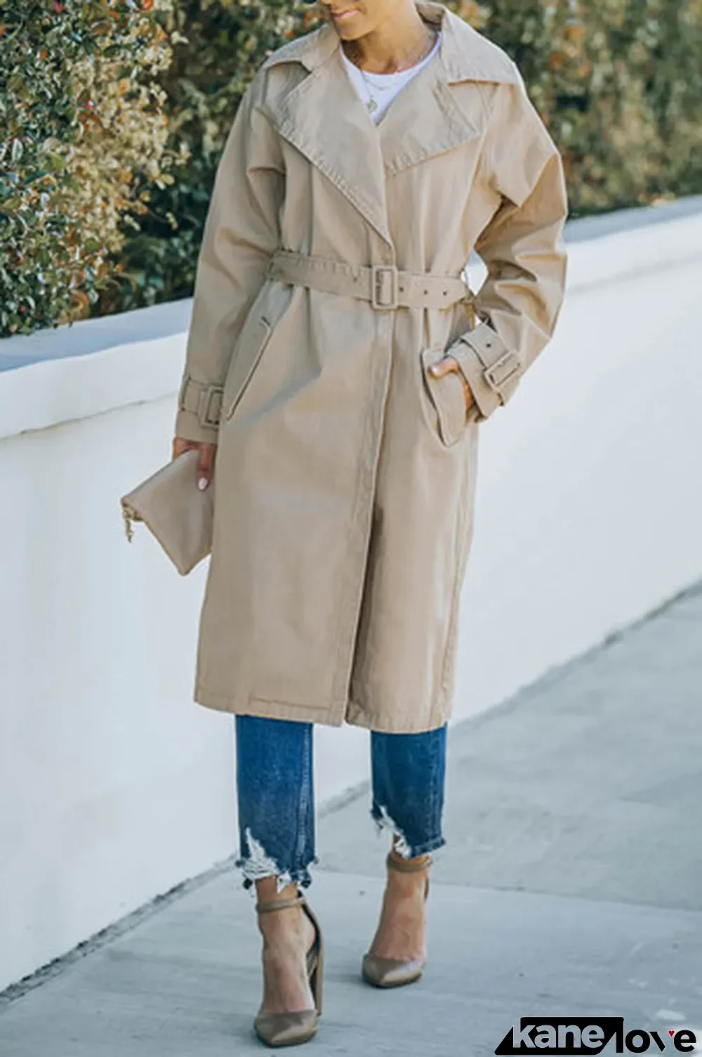 Khaki Runway Style Belted Long Trench Coat