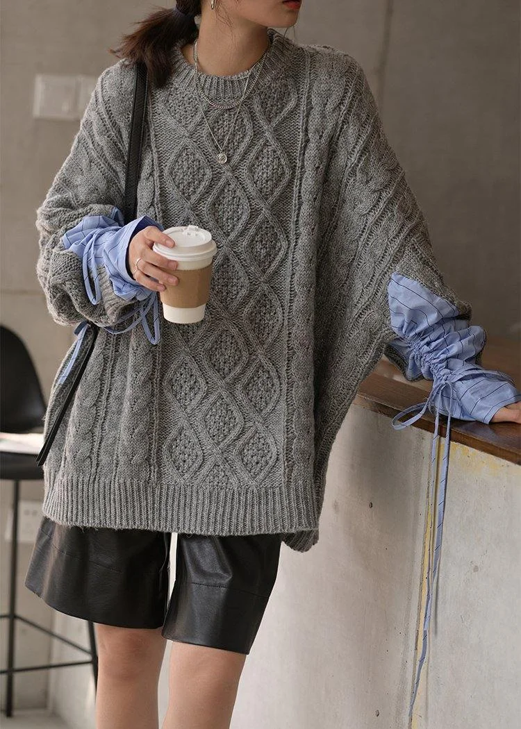 Cute gray knitted blouse casual o neck patchwork clothes For Women