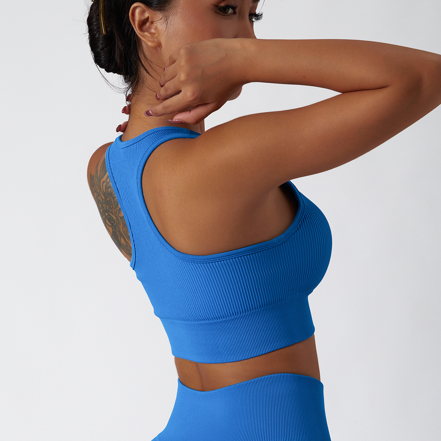 Hergymclothing Klein Blue high impact low u neck sexy racerback running workout push-up sports bra for sale
