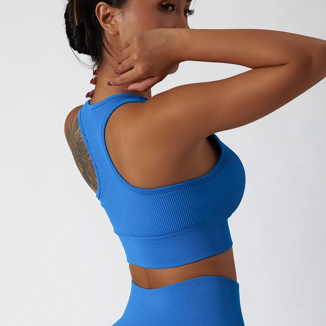 Hergymclothing Klein Blue high impact low u neck sexy racerback running workout push-up sports bra for sale