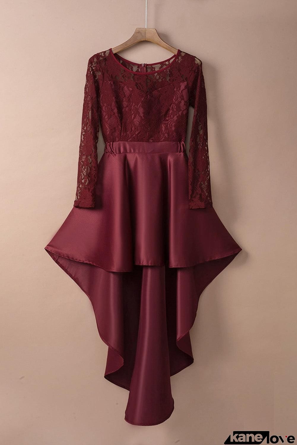 Spliced Lace High-Low Long Sleeve Dress