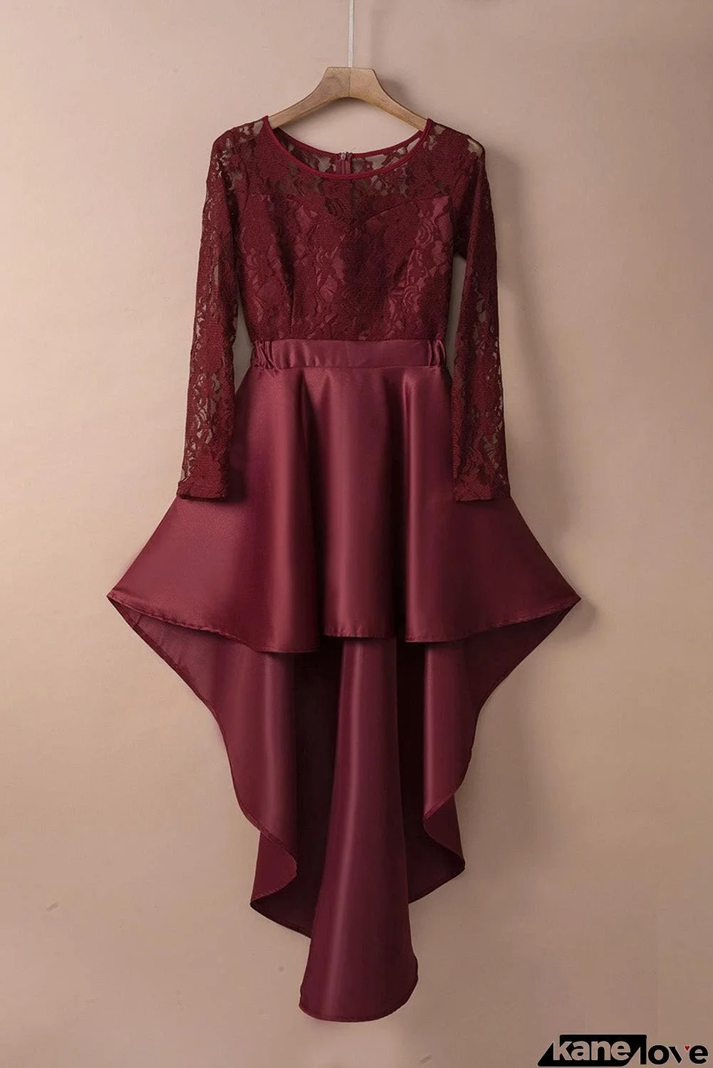 Spliced Lace High-Low Long Sleeve Dress