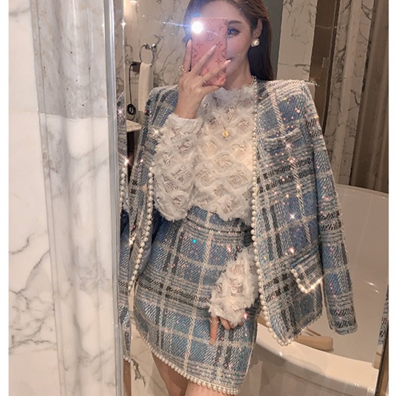 Small Fragrance Korean Chic Autumn Elegant V-Neck Pearl Plaid Tweed Jacket Coat + High Waist A-Line Skirts Two Piece Set
