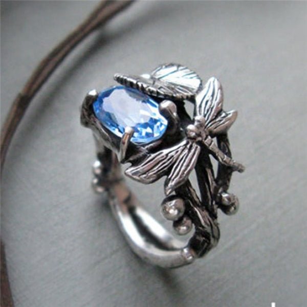 Women's Vintage inlaid topaz ring dragonfly shape ring
