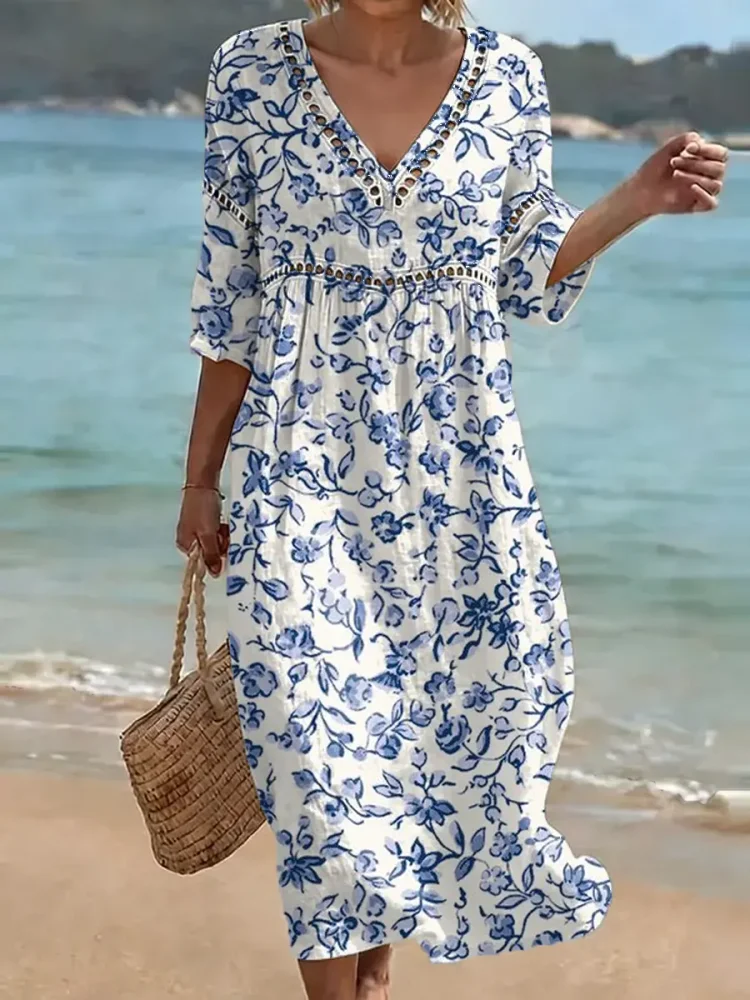 Women's Retro Floral Pattern Art Print Casual Stylish Cotton Linen Dress