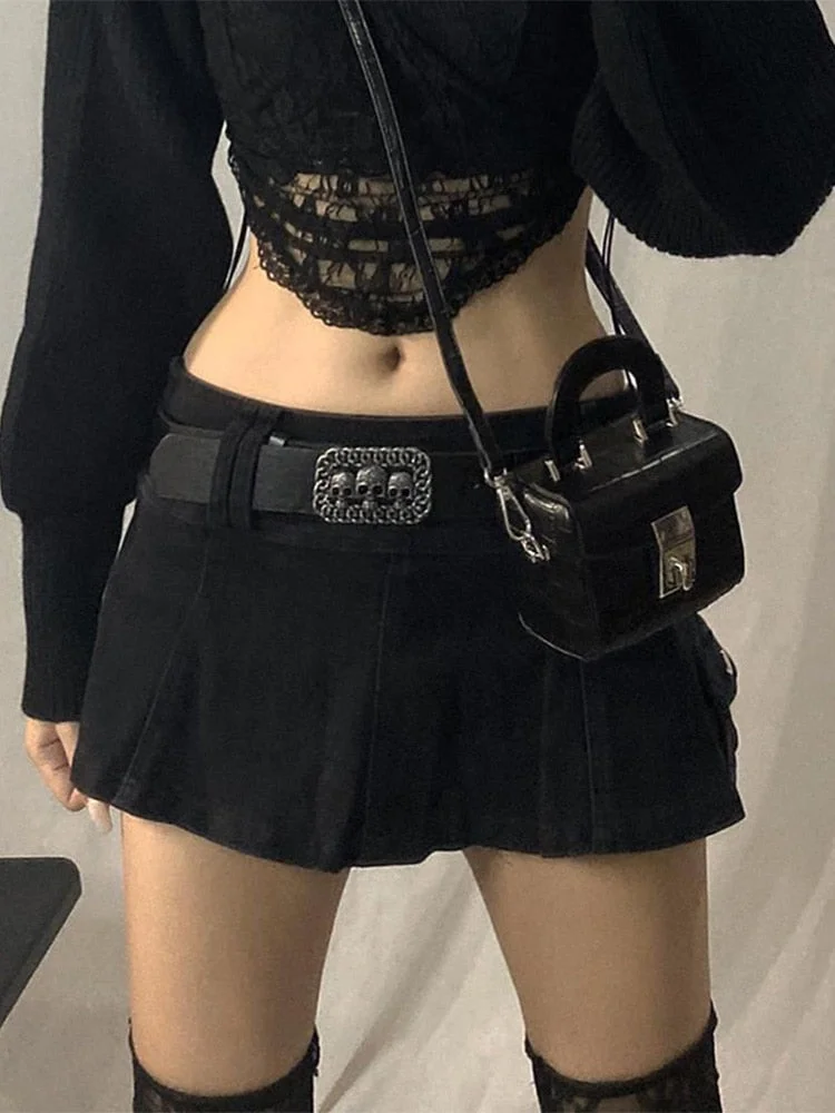 Graduation Gifts  Pastel Goth Low Waist Black Micro Skirts Y2K Streetwear Pockets Patchwork A-line Skirt E-girl Aesthetics Outfits Zipper