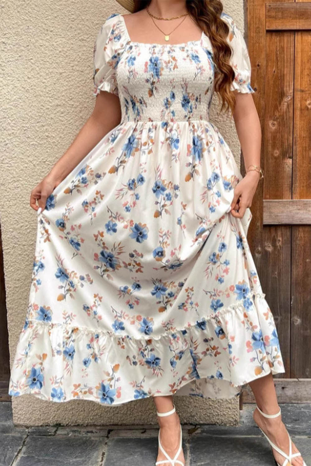 Plus Size Vacation Apricot Floral Print Puff Sleeve Ruffle Hem Cottagecore Maxi Dress 2024 - Flycurvy 