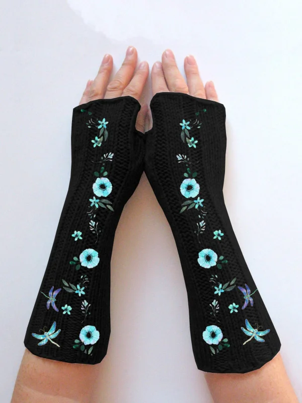 (Ship within 24 hours)Vintage Slouchy Floral Print Knit Fingerless Gloves