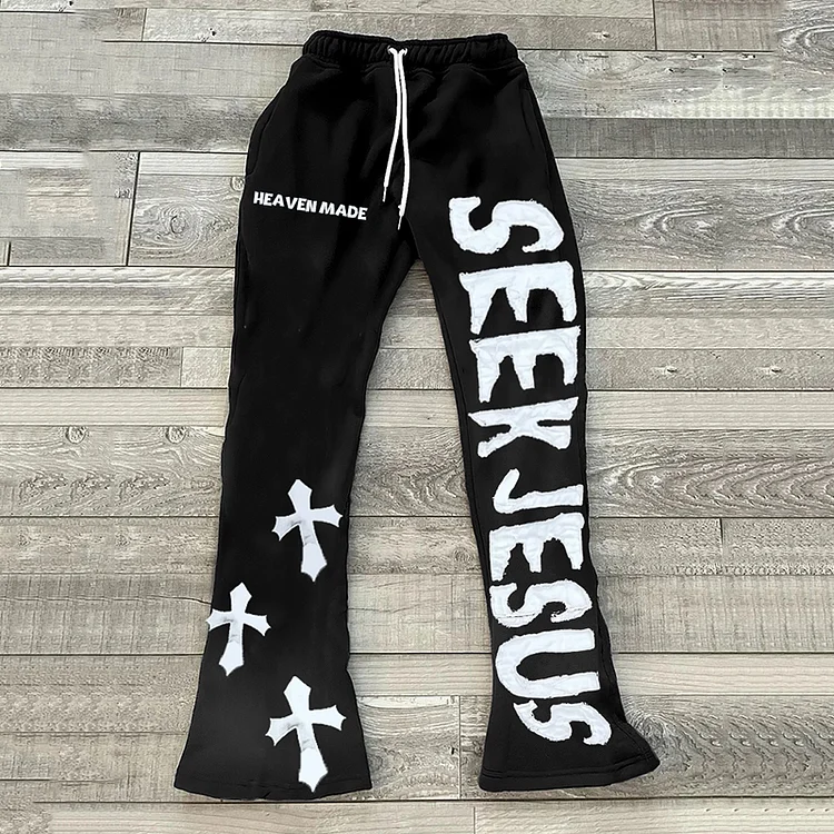 Vintage Seek Jesus Heaven Made Graphic Casual Flared Trousers