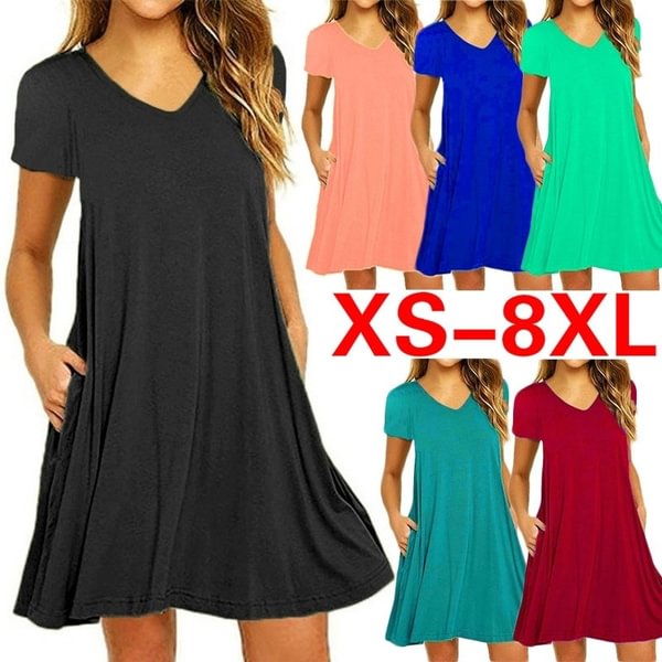 Fashion Women Spring Summer Casual Tunic Dress Short Sleeve Solid Color Beach Wear Mini Dress with Pockets Deep V-neck Plus Size Party Dresses Loose Pleated Cotton Dress XS-8XL - Life is Beautiful for You - SheChoic