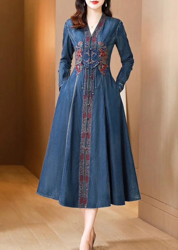 Bohemian Blue V Neck Embroideried Patchwork Denim Dresses Fall