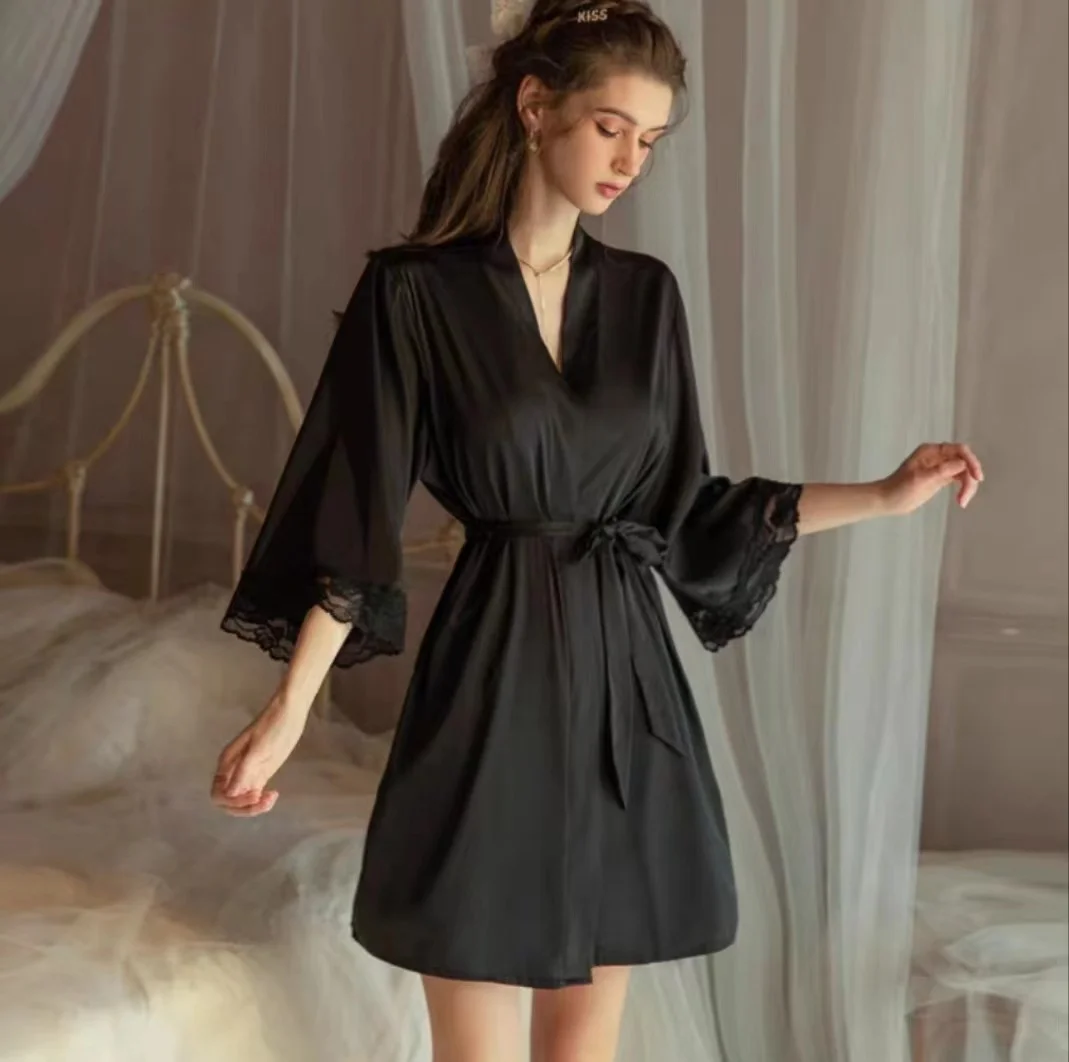 Sdrawing Sdrawing Simple Silk High Quality Night Goer's Robe With Morning Robes In Autumn And Winter Sexy Nightgown Homewear