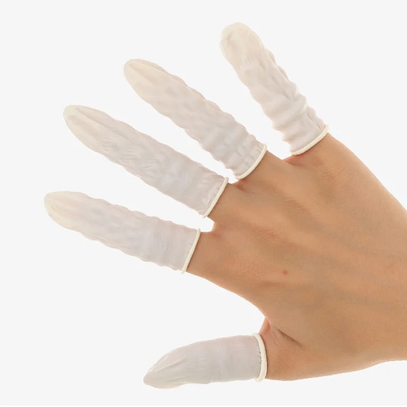 100PCS Natural Rubber Disposable Gloves Finger Cots Non-slip Anti-static Fingertip Protector Gloves White Finger Cover Nail Tool