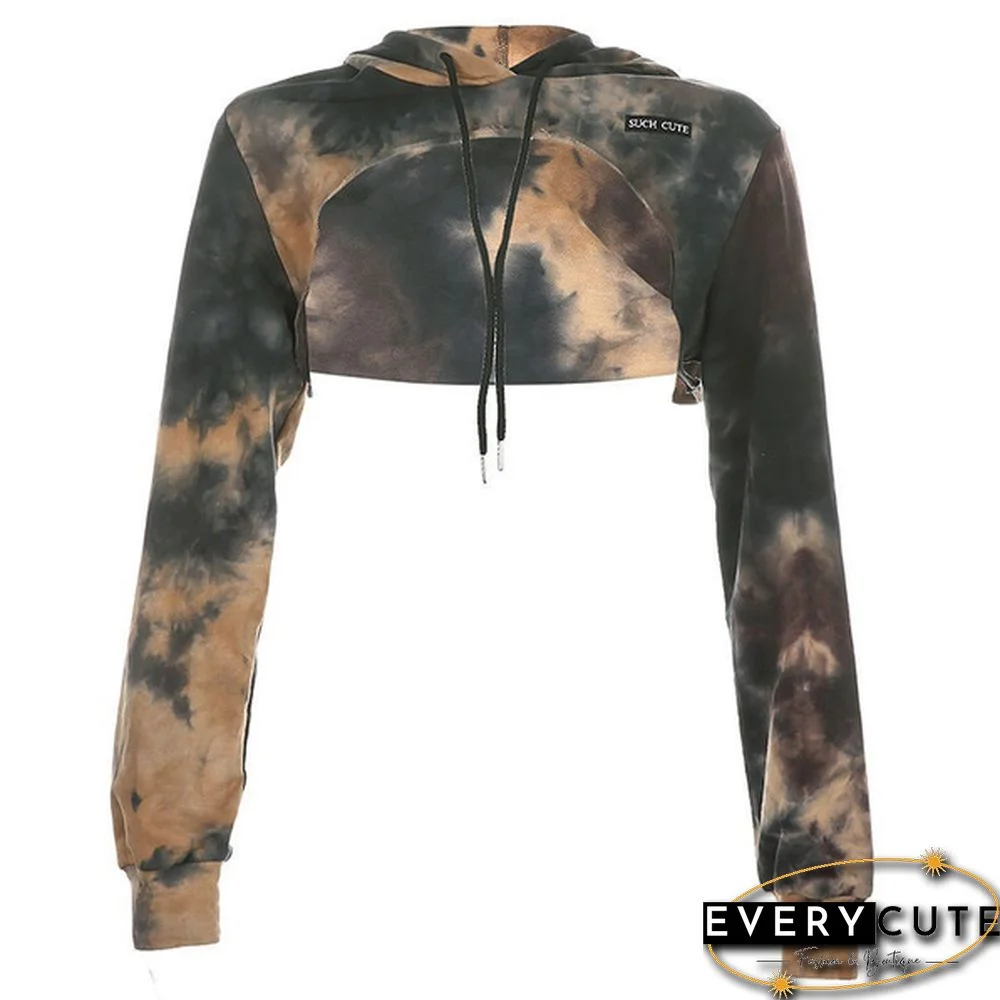 Women Long Sleeve Black Bustier Crop Top Mesh Harajuku Hiphop Loose Leopard Hoodie Sweatshirt Clubwear Tie Dye Top