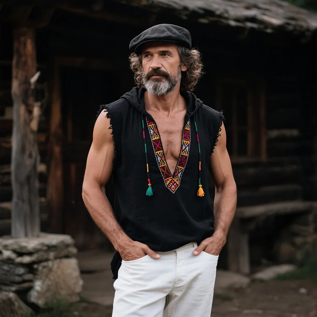  Bohemian Sleeveless Hoodie with Embroidered Details for Men-inspireuse