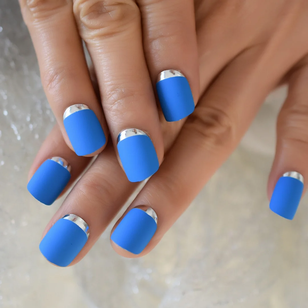 Sky Blue Full Nail Kit False Tips Press Ons Short For DIY Nail Art Salon Fake Nail Extension With Glue Adhesive Matte Squoval-Nail Inspo