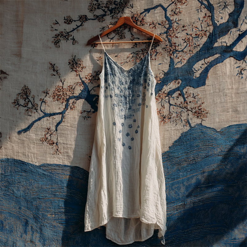 Japanese Sashiko Floral Cami Linen Dress wearshes